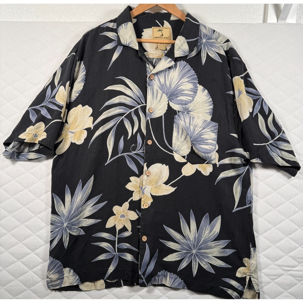 Jamaica Jaxx 100% Silk Hawaiian Shirt Men's Large Black Floral Short Sleeve‎
